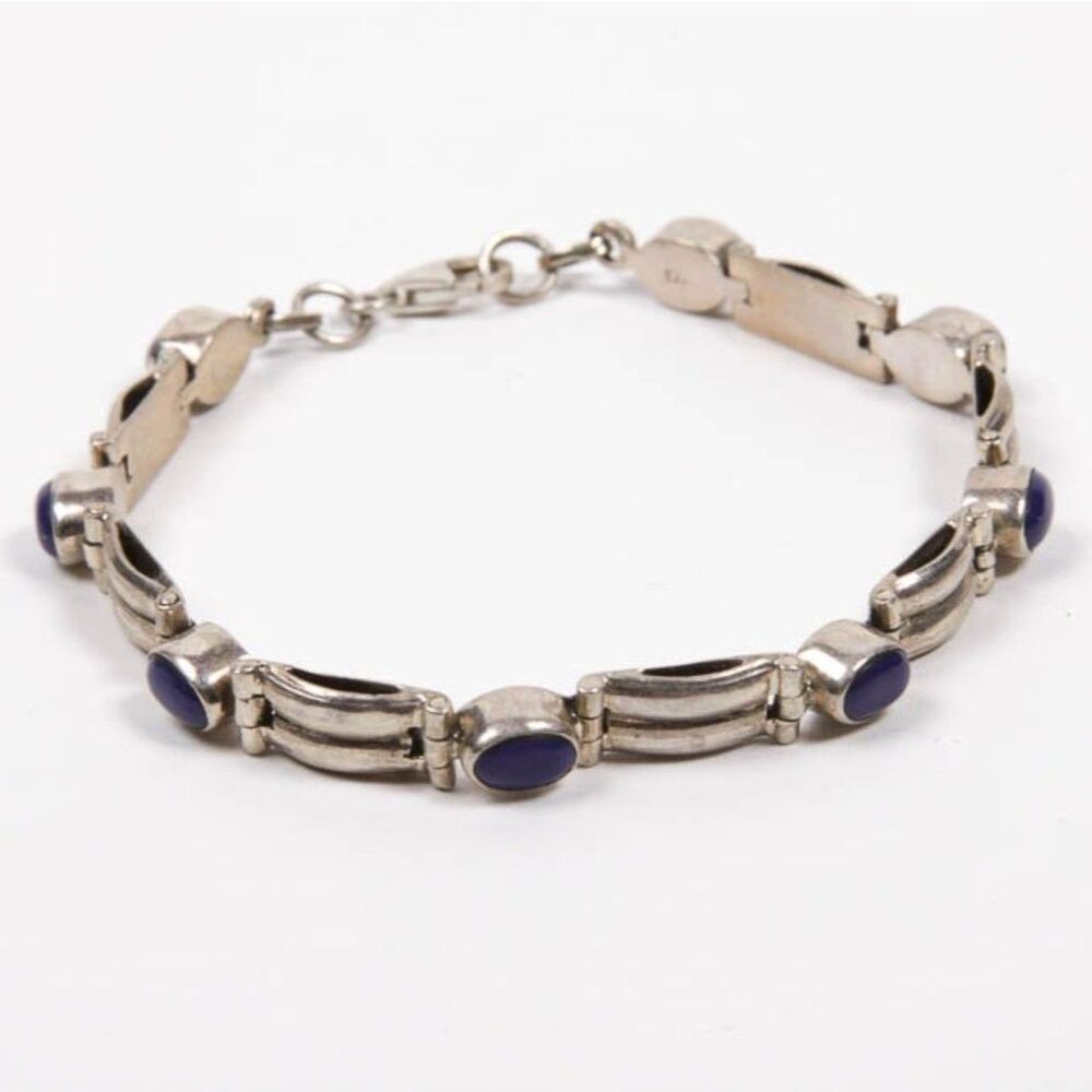 Vintage Sterling Silver Lapis Lazuli Link Bracelet 925 Oval Blue Cabochon Panel